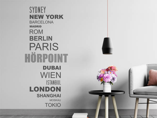 Wandtattoo Hörpoint mit Weltstädten