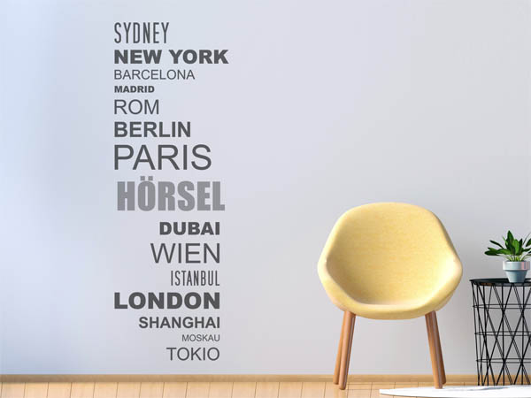 Wandtattoo Hörsel mit Weltstädten