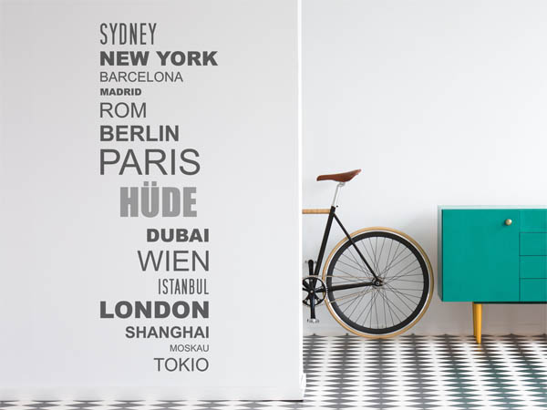 Wandtattoo Hüde mit Weltstädten
