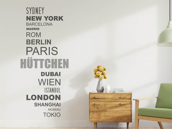 Wandtattoo Hüttchen mit Weltstädten