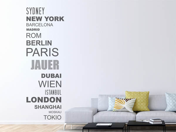 Wandtattoo Jauer mit Weltstädten