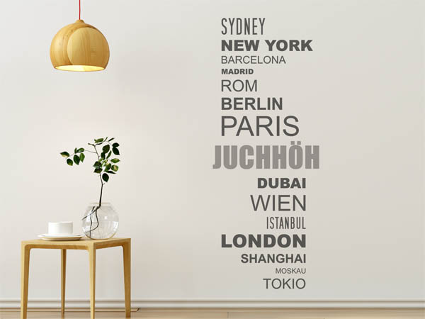 Wandtattoo Juchhöh mit Weltstädten
