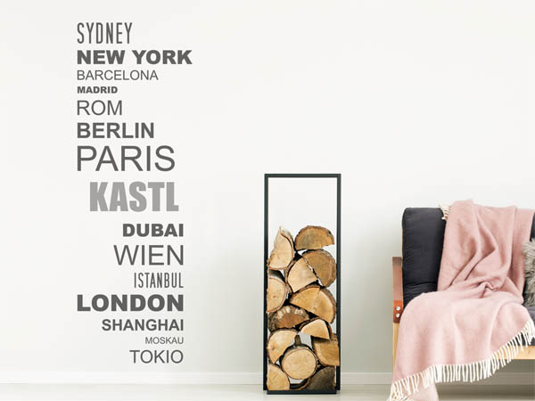 Wandtattoo Kastl mit Weltstädten