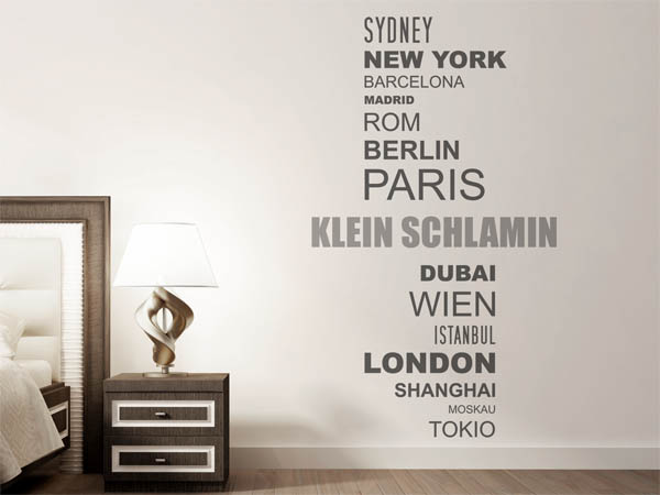 Wandtattoo Klein Schlamin mit Weltstädten