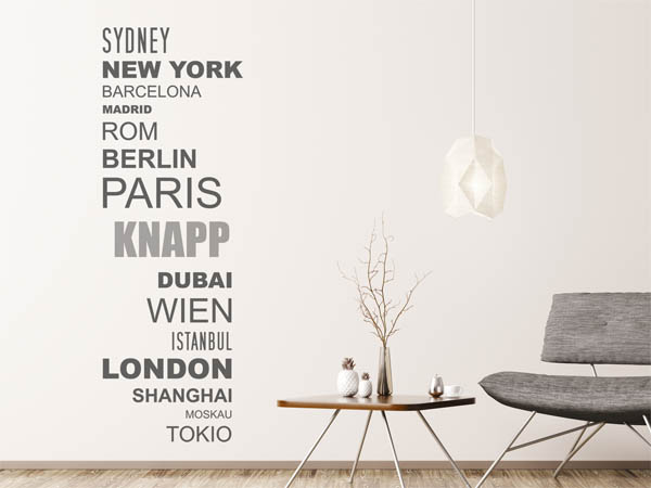 Wandtattoo Knapp mit Weltstädten
