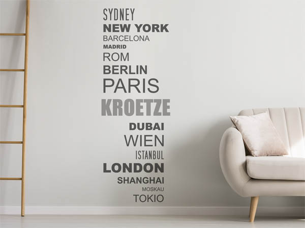Wandtattoo Kroetze mit Weltstädten