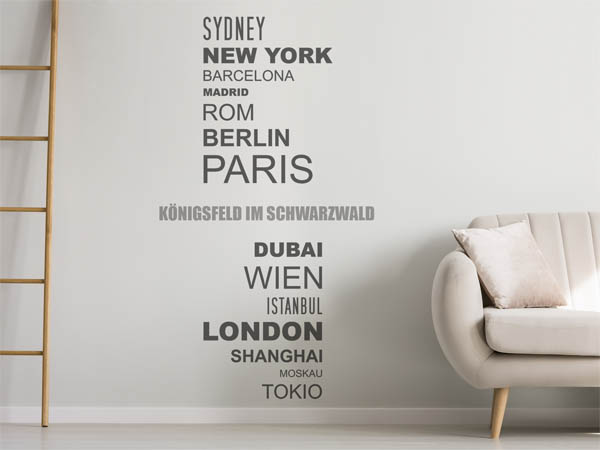Wandtattoo Königsfeld im Schwarzwald mit Weltstädten