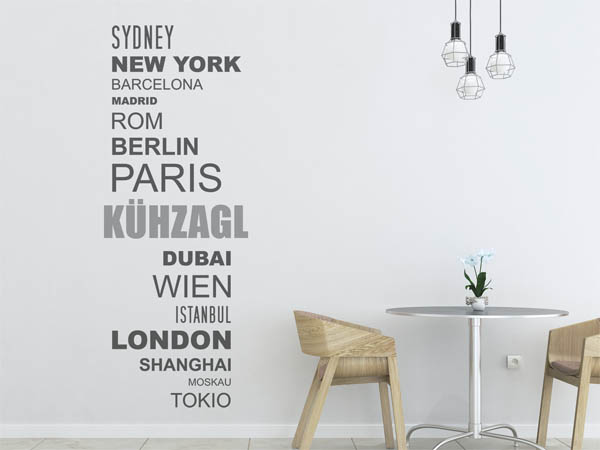 Wandtattoo Kühzagl mit Weltstädten
