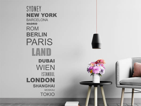 Wandtattoo Land mit Weltstädten