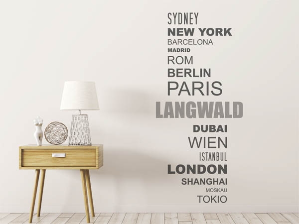 Wandtattoo Langwald mit Weltstädten