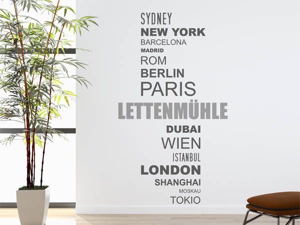 Wandtattoo Lettenmühle mit Weltstädten