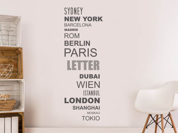 Wandtattoo Letter mit Weltstädten
