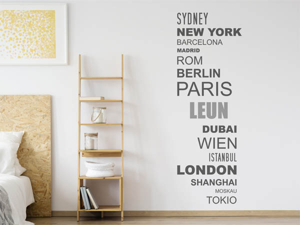 Wandtattoo Leun mit Weltstädten