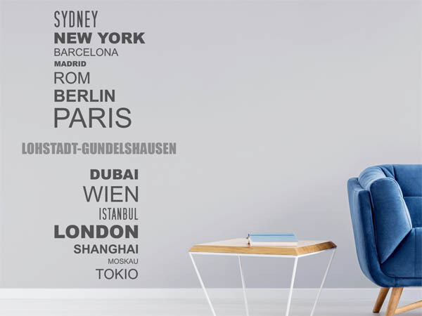 Wandtattoo Lohstadt-Gundelshausen mit Weltstädten