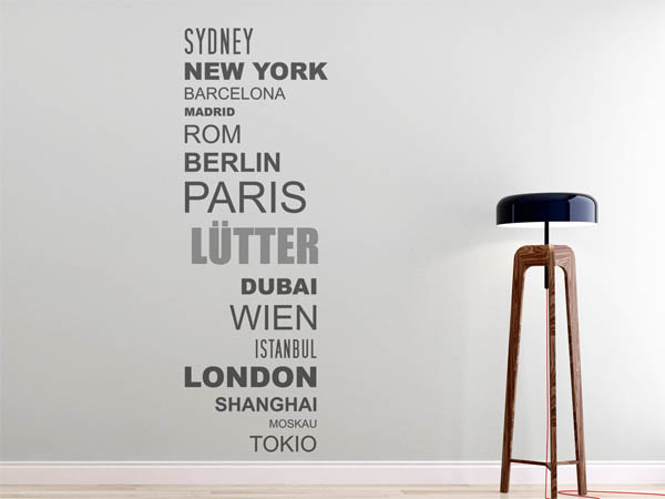Wandtattoo Lütter mit Weltstädten