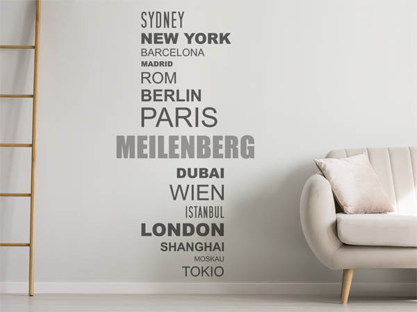 Wandtattoo Meilenberg mit Weltstädten
