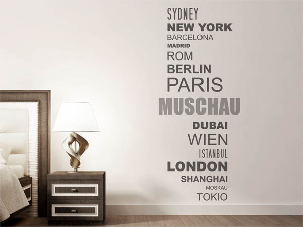 Wandtattoo Muschau mit Weltstädten