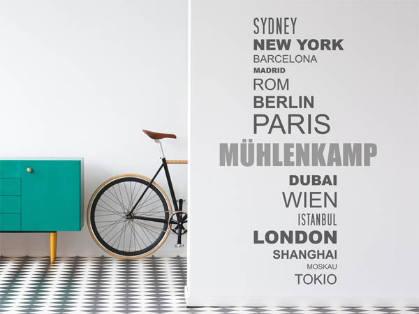Wandtattoo Mühlenkamp mit Weltstädten