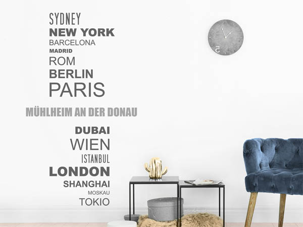 Wandtattoo Mühlheim an der Donau mit Weltstädten