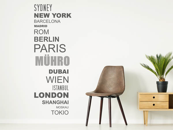 Wandtattoo Mühro mit Weltstädten