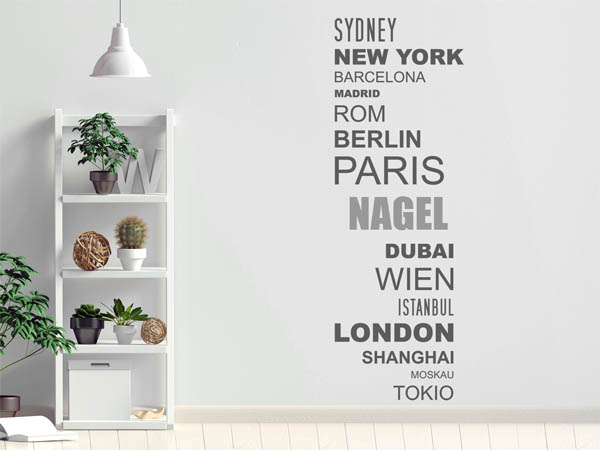 Wandtattoo Nagel mit Weltstädten