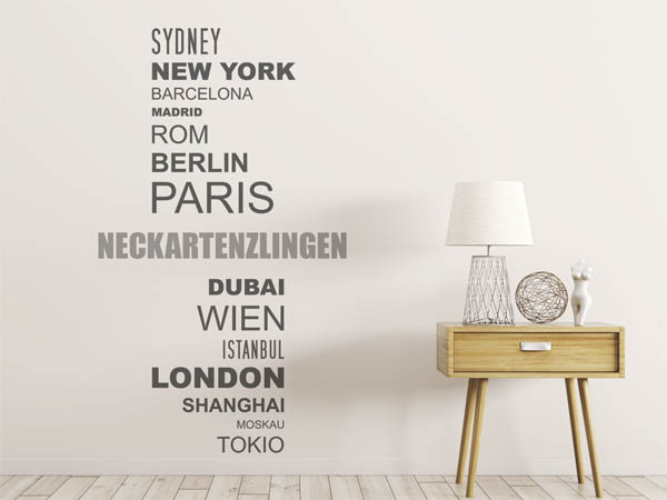 Wandtattoo Neckartenzlingen mit Weltstädten