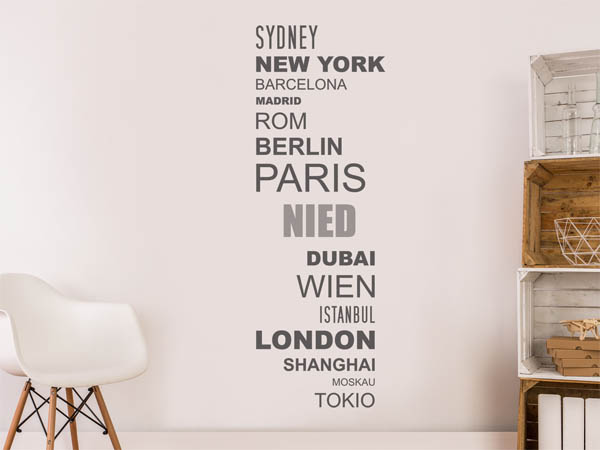 Wandtattoo Nied mit Weltstädten