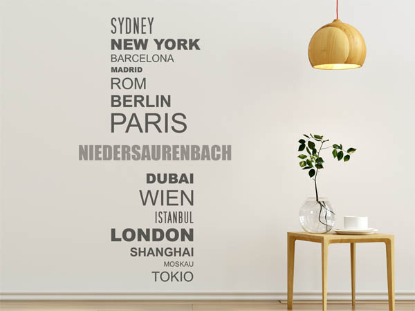 Wandtattoo Niedersaurenbach mit Weltstädten