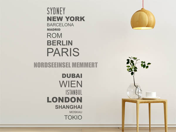 Wandtattoo Nordseeinsel Memmert mit Weltstädten