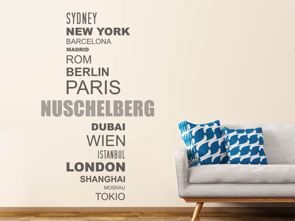 Wandtattoo Nuschelberg mit Weltstädten