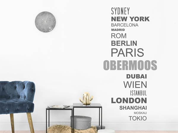 Wandtattoo Obermoos mit Weltstädten
