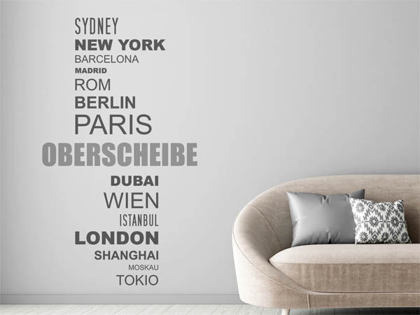 Wandtattoo Oberscheibe mit Weltstädten