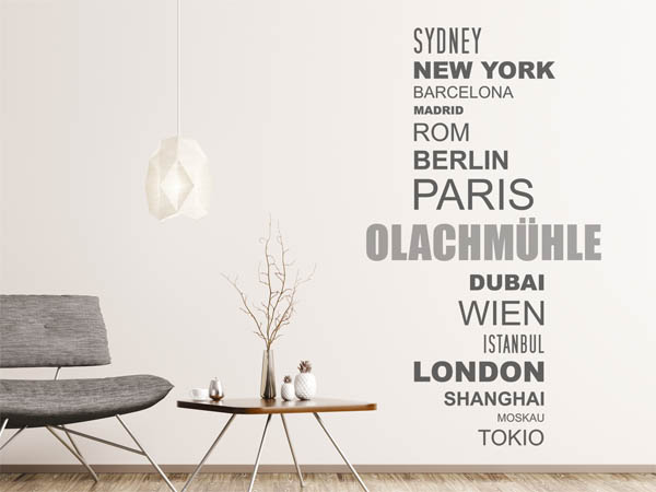 Wandtattoo Olachmühle mit Weltstädten