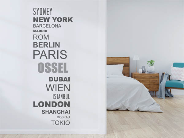 Wandtattoo Ossel mit Weltstädten