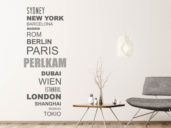 Wandtattoo Perlkam mit Weltstädten