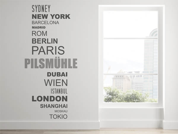 Wandtattoo Pilsmühle mit Weltstädten
