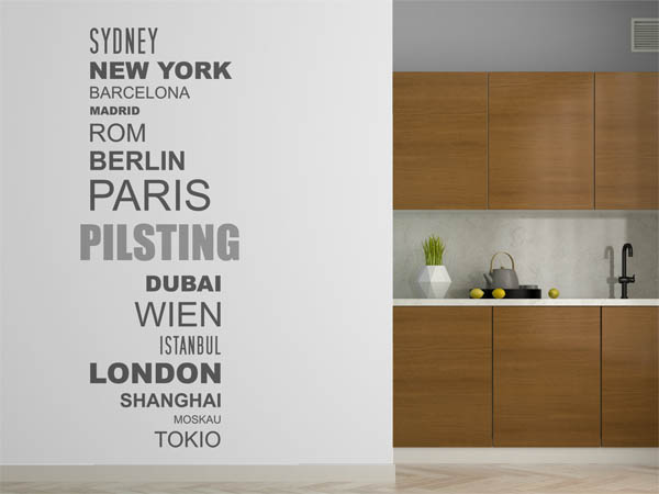 Wandtattoo Pilsting mit Weltstädten
