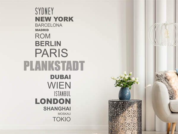 Wandtattoo Plankstadt mit Weltstädten