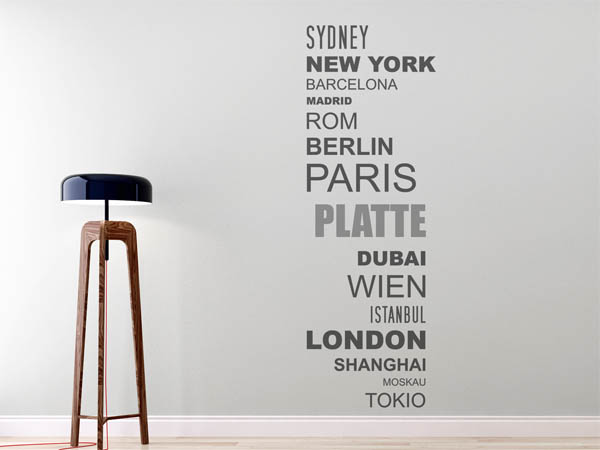 Wandtattoo Platte mit Weltstädten