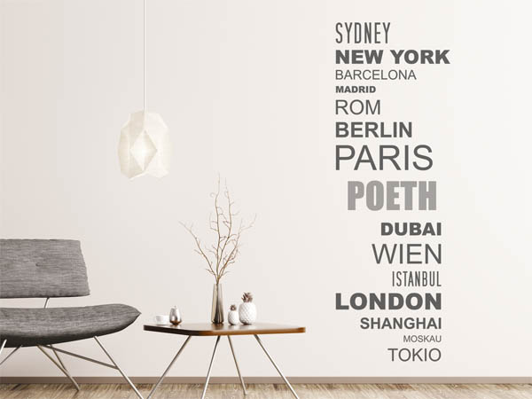 Wandtattoo Poeth mit Weltstädten