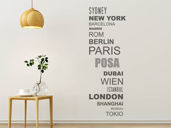 Wandtattoo Posa mit Weltstädten