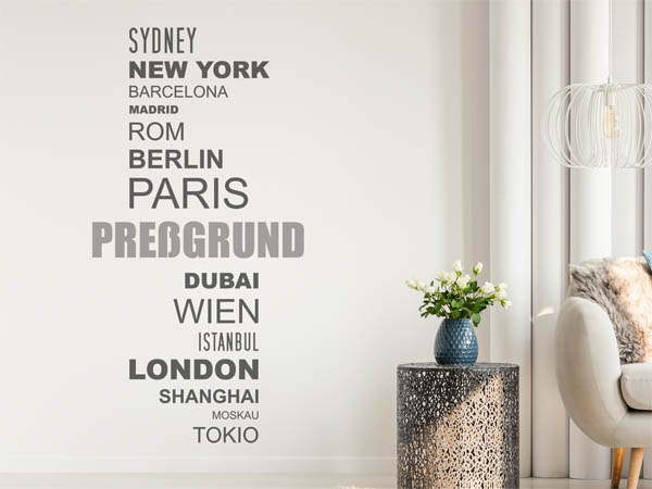 Wandtattoo Preßgrund mit Weltstädten
