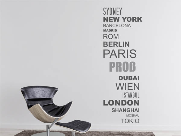 Wandtattoo Proß mit Weltstädten