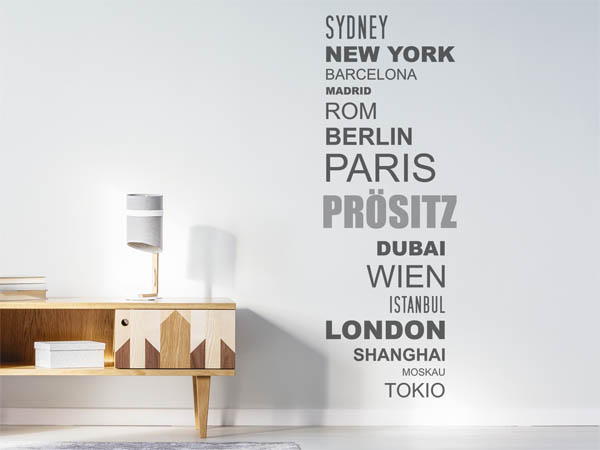 Wandtattoo Prösitz mit Weltstädten