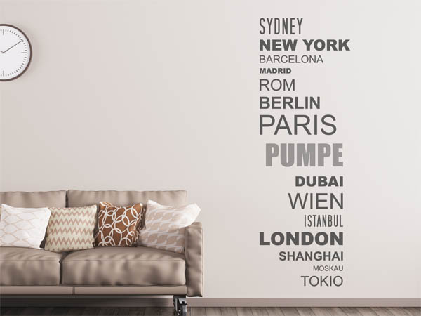 Wandtattoo Pumpe mit Weltstädten