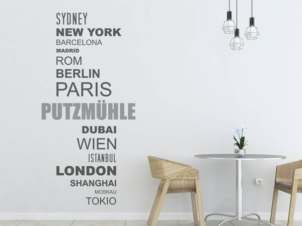 Wandtattoo Putzmühle mit Weltstädten