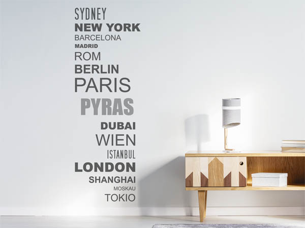 Wandtattoo Pyras mit Weltstädten