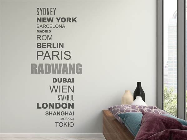 Wandtattoo Radwang mit Weltstädten