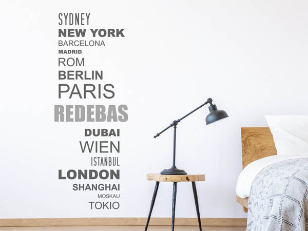 Wandtattoo Redebas mit Weltstädten