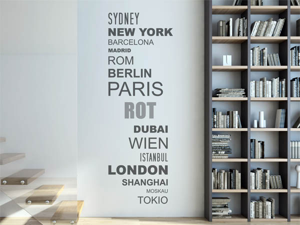 Wandtattoo Rot mit Weltstädten